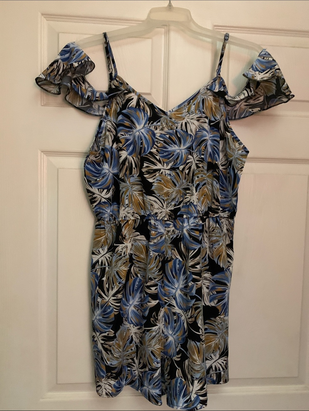 Tropical Cold-Shoulder Mini Romper in Blue and Tan